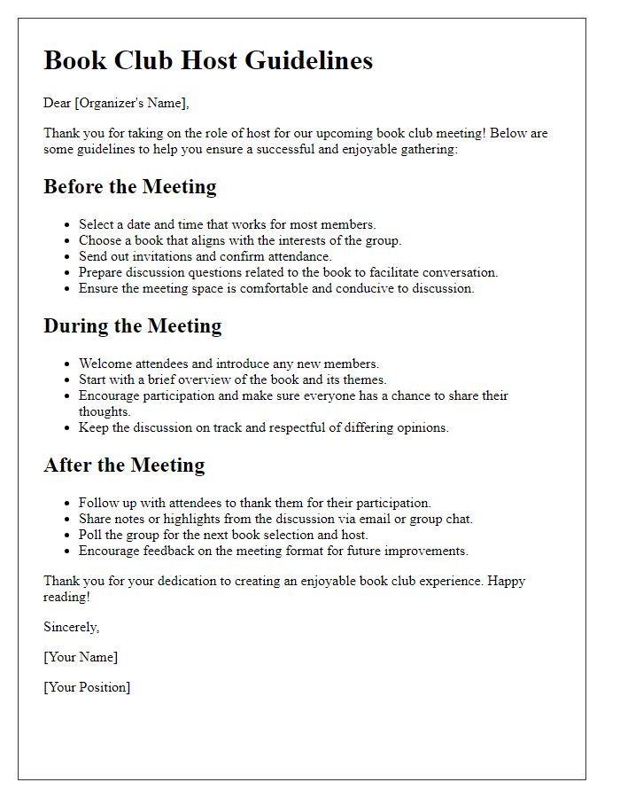 Letter template of book club host guidelines for social club organizers.