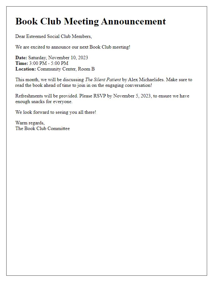 Letter template of book club meeting announcement for social club members.