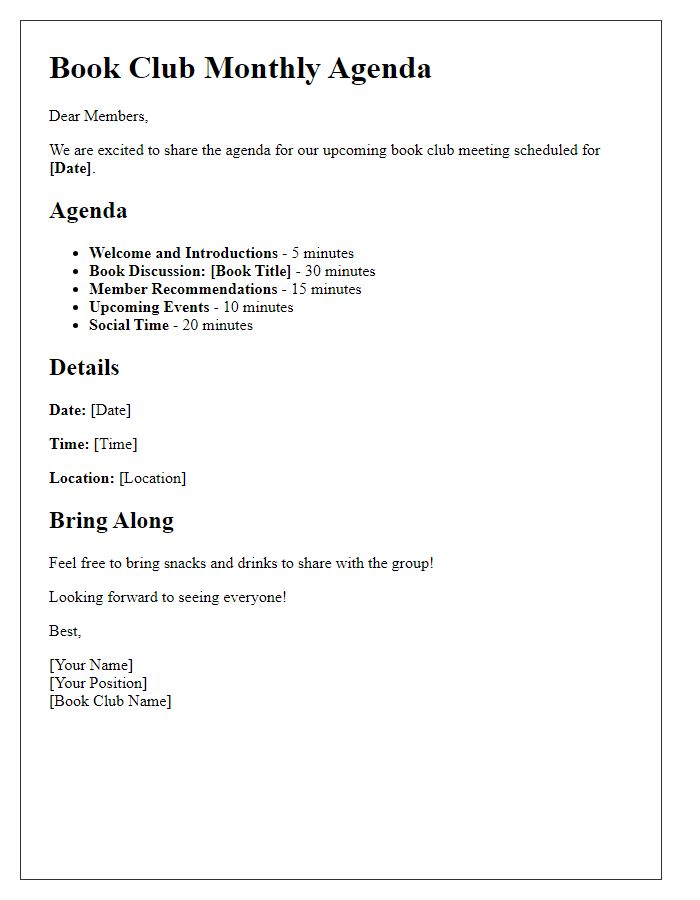 Letter template of book club monthly agenda for social club members.