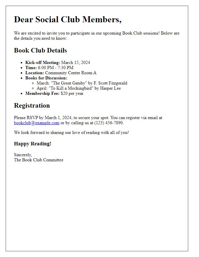 Letter template of book club participation details for social club members.