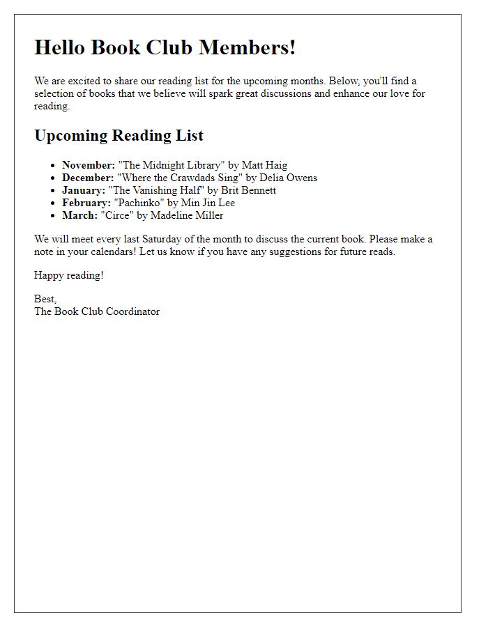 Letter template of book club reading list for social club enthusiasts.