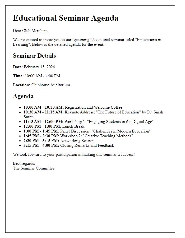 Letter template of detailed agenda for the educational seminar at the club.