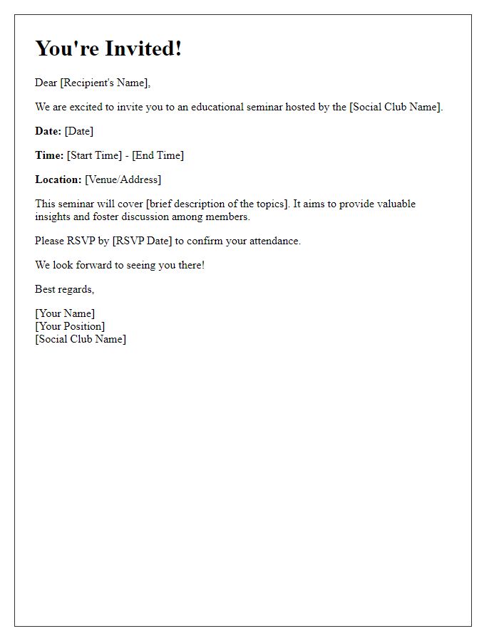 Letter template of invitation for educational seminar at social club.