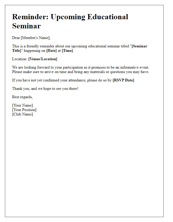 Letter template of reminder for social club educational seminar attendance.