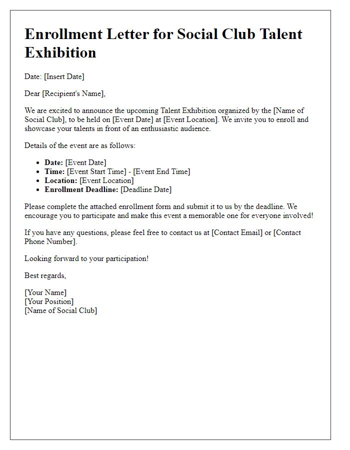 Letter template of enrollment for social club talent exhibition