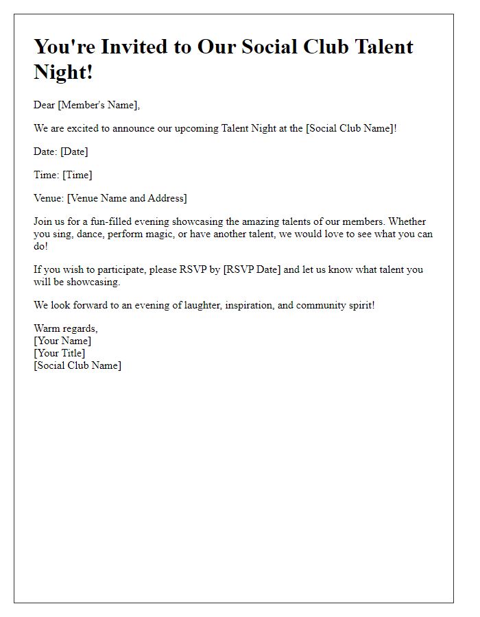 Letter template of invitation to partake in social club talent night