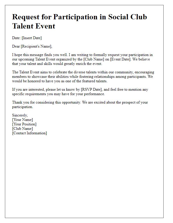 Letter template of request for participation in social club talent event