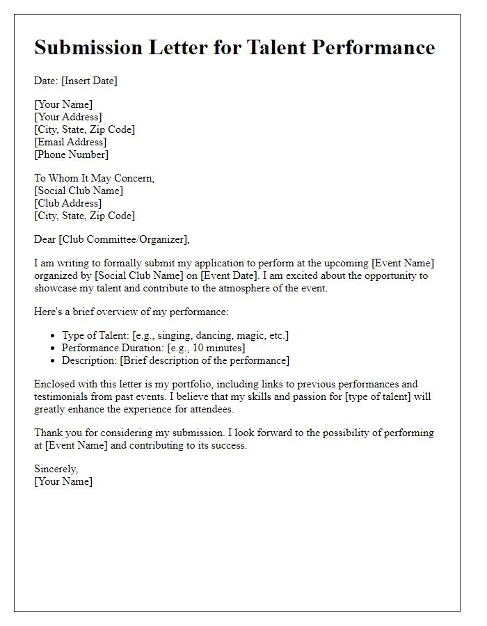 Letter template of submission for talents at social club event