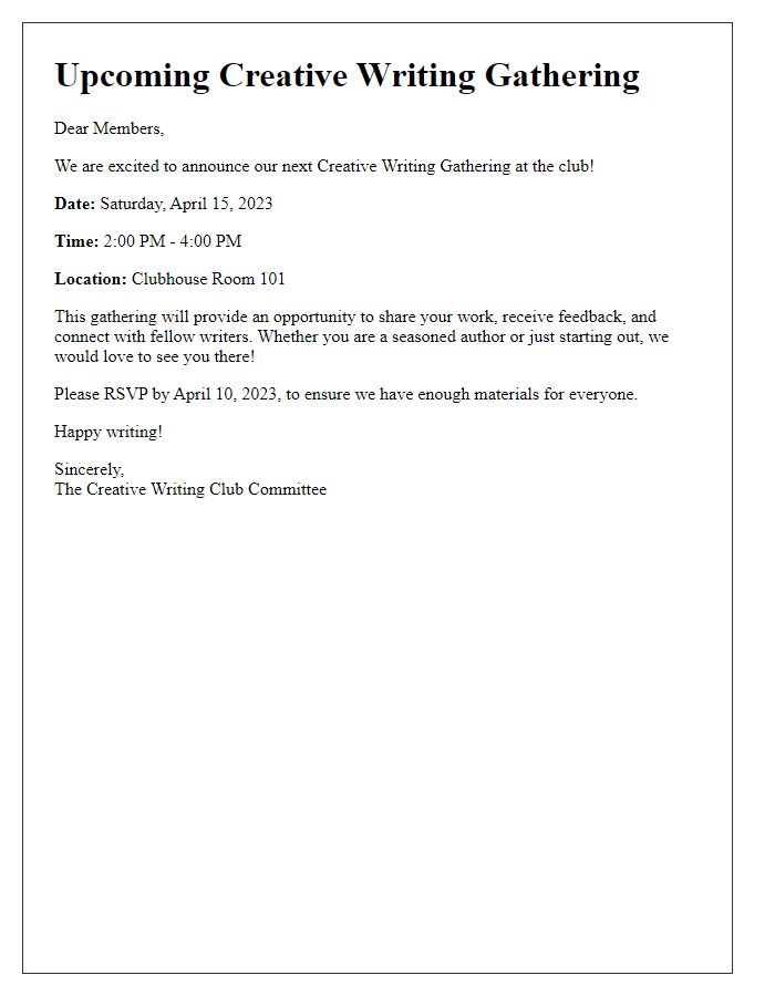 Letter template of announcement for upcoming creative writing gathering at our club