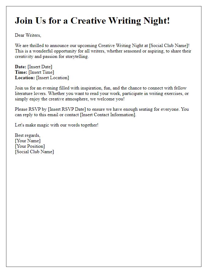 Letter template of call for writers to engage in our social clubs creative writing night