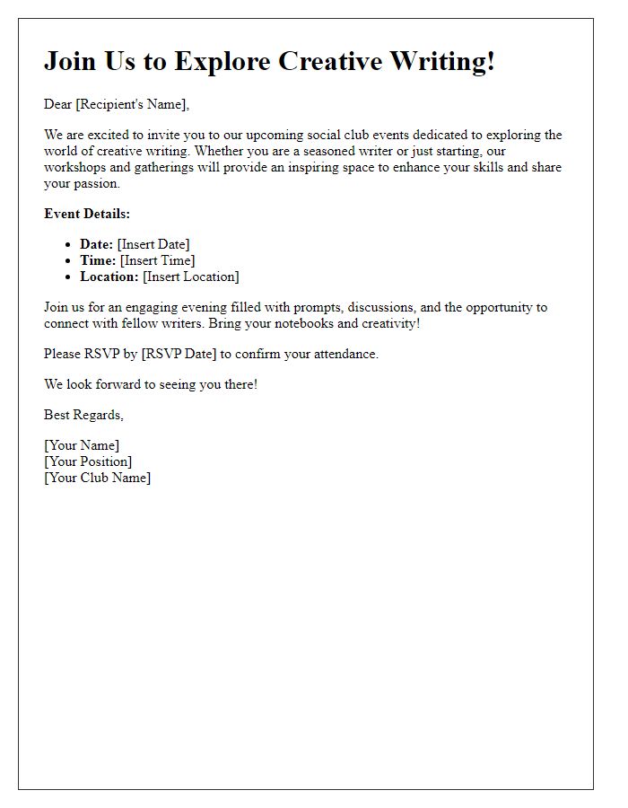 Letter template of invitation to explore creative writing through our social club events