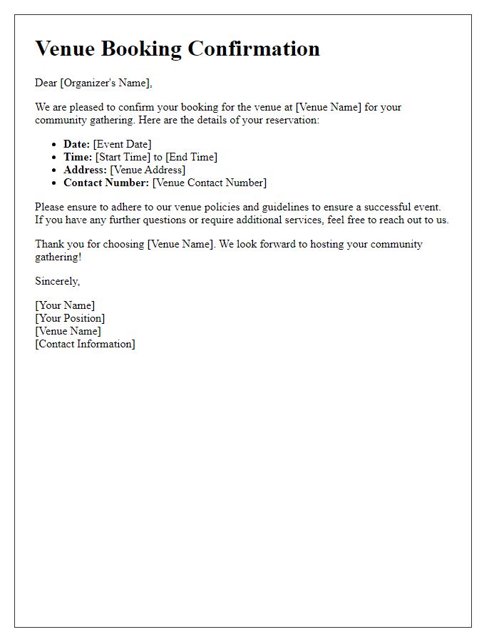 Letter template of venue booking confirmation for community gathering