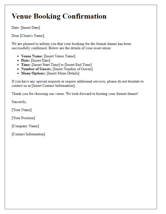 Letter template of venue booking confirmation for formal dinner