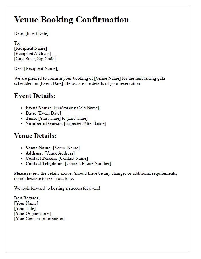 Letter template of venue booking confirmation for fundraisering gala