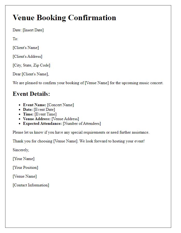 Letter template of venue booking confirmation for music concert