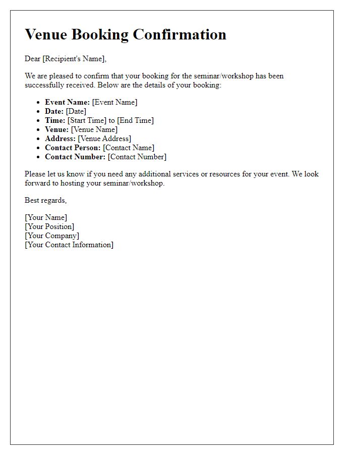 Letter template of venue booking confirmation for seminar or workshop