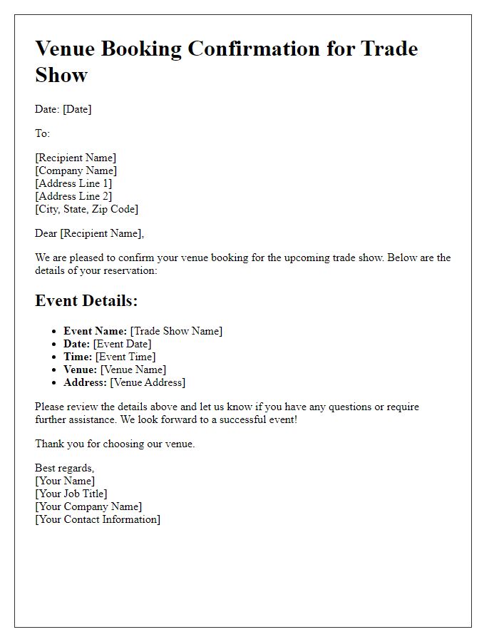 Letter template of venue booking confirmation for trade show