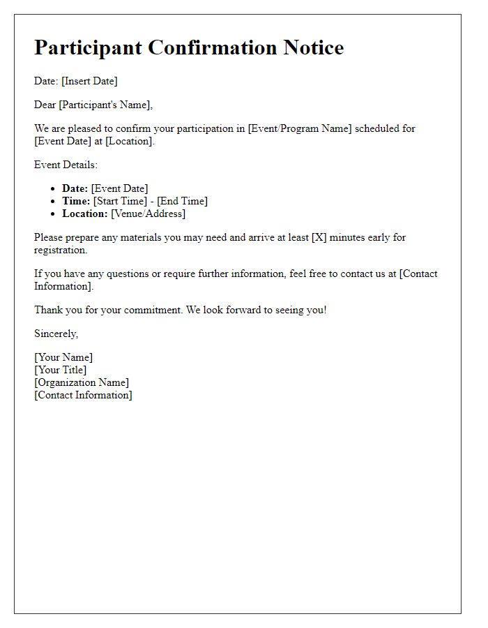 Letter template of Participant Confirmation Notice