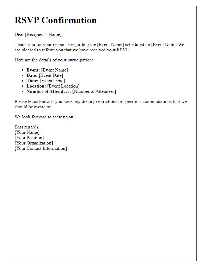Letter template of RSVP Participation Validation