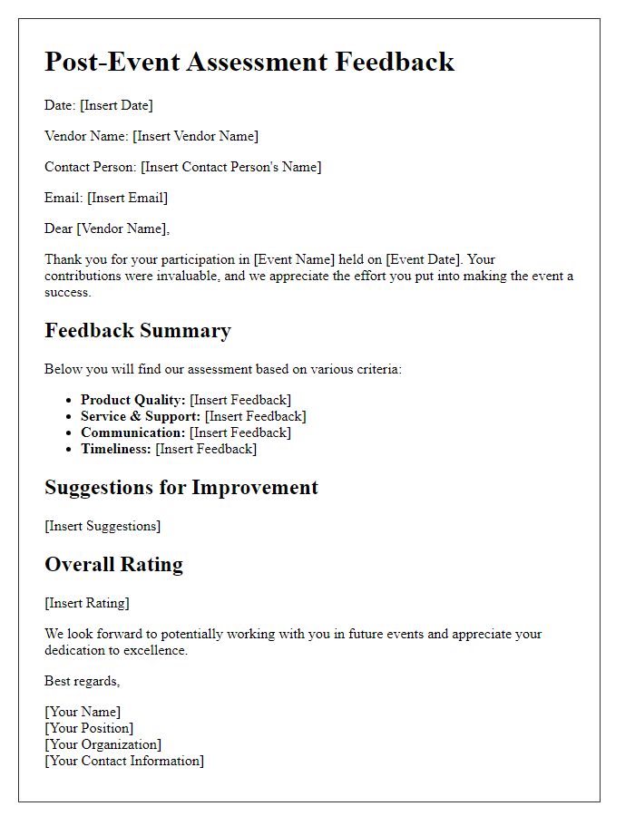 Letter template of post-event assessment feedback for vendors