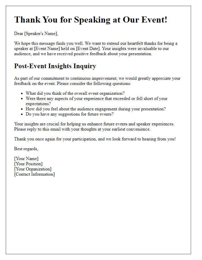 Letter template of post-event insights inquiry for speakers