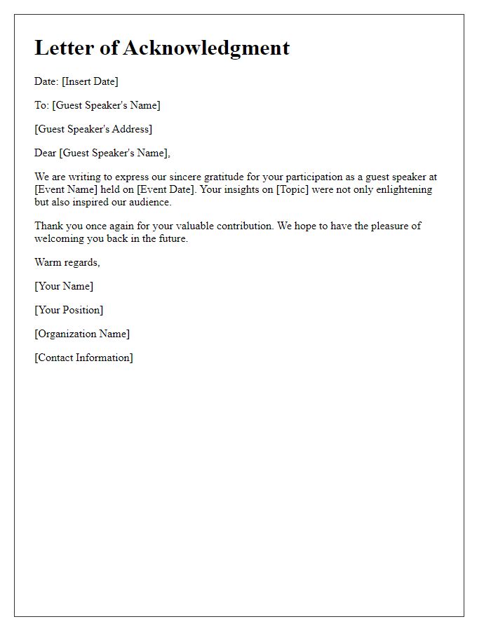 Letter template of acknowledgment for guest speaker's attendance