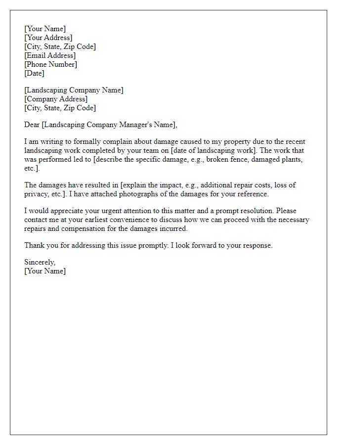 Letter template of damaged property due to landscaping complaint