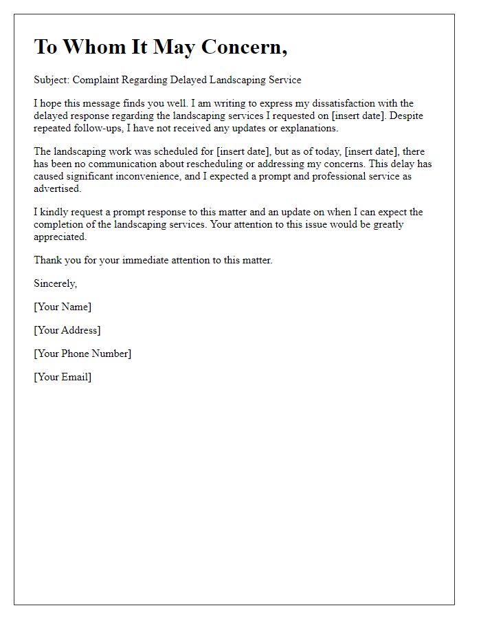 Letter template of delayed landscaping service response complaint