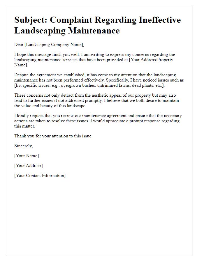 Letter template of ineffective landscaping maintenance complaint