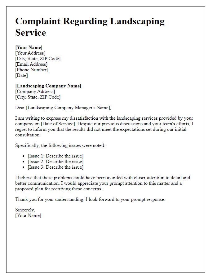 Letter template of landscaping service not meeting expectations complaint