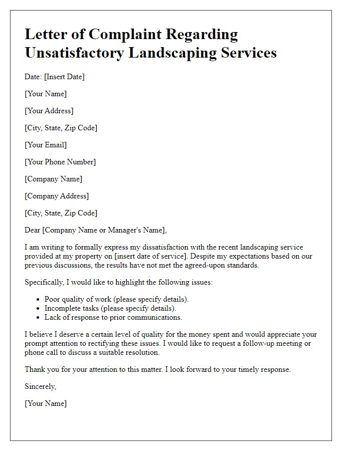 Letter template of unsatisfactory landscaping service complaint