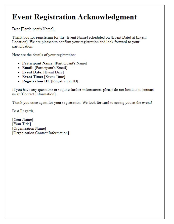 Letter template of Acknowledgment of Event Registration