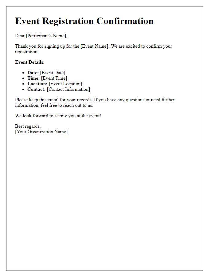 Letter template of Confirmation of Event Sign-Up