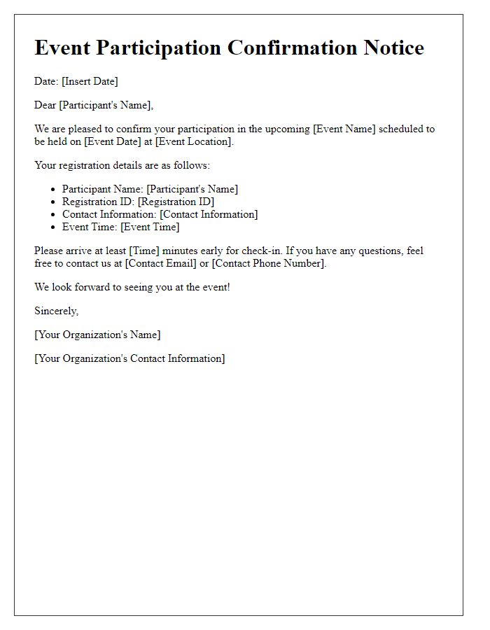 Letter template of Event Participation Confirmation Notice