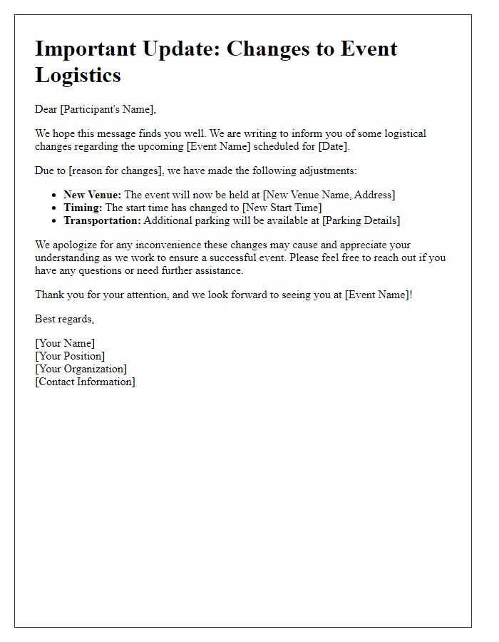 Letter template of event logistical changes communication