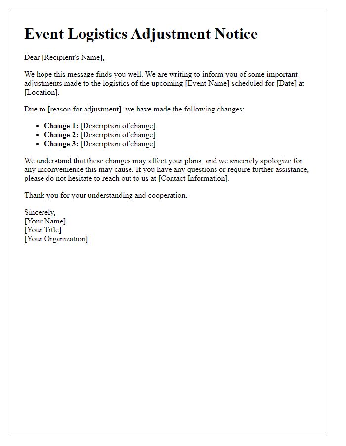 Letter template of event logistics adjustment notice