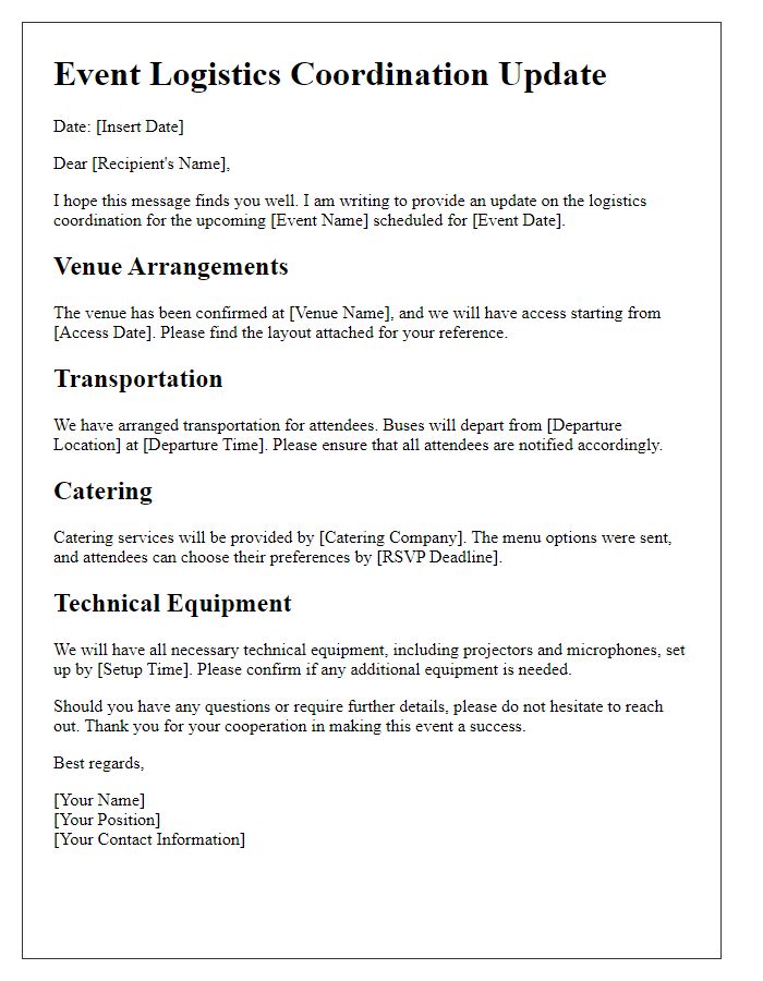 Letter template of event logistics coordination update