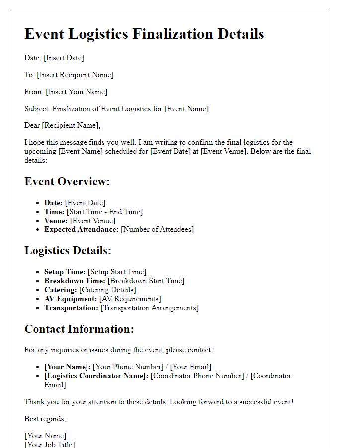 Letter template of event logistics finalization details