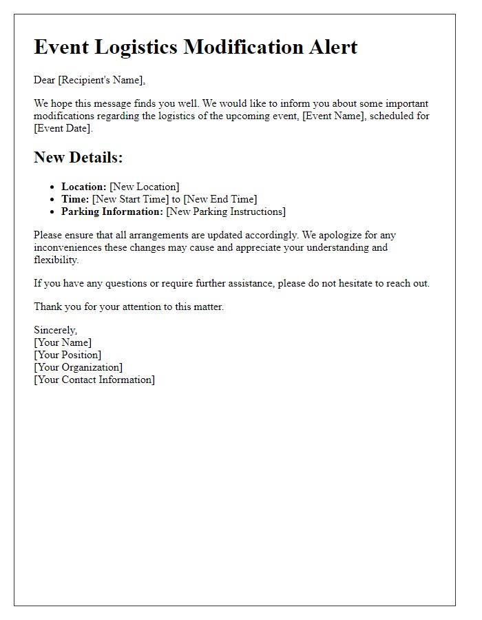 Letter template of event logistics modification alert