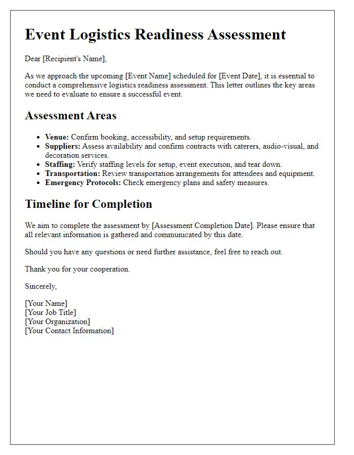 Letter template of event logistics readiness assessment