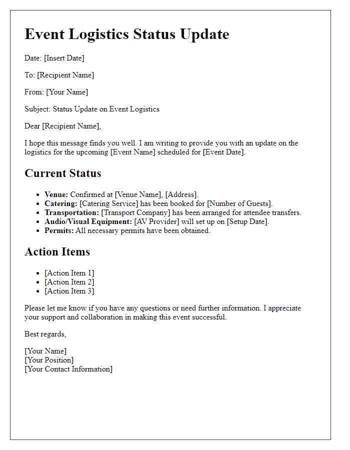 Letter template of event logistics status update