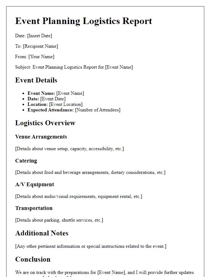 Letter template of event planning logistics report