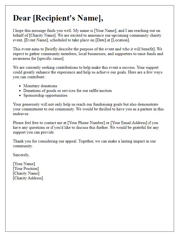 Letter template of appeal for contributions to a community charity event.