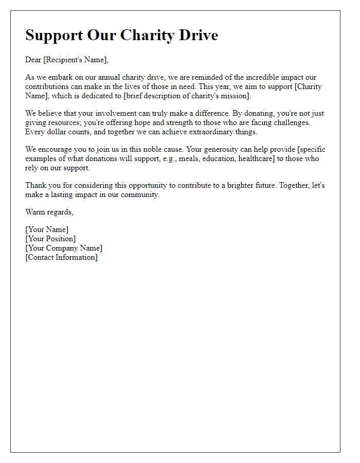 Letter template of encouragement for corporate donations for a charity drive.