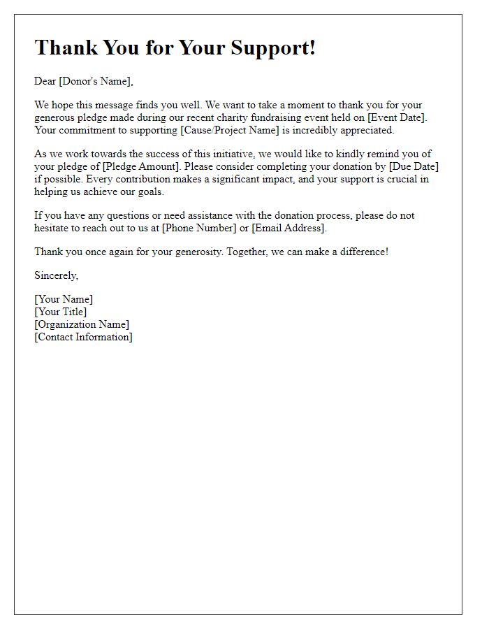 Letter template of follow-up for pledges made during a charity fundraising event.