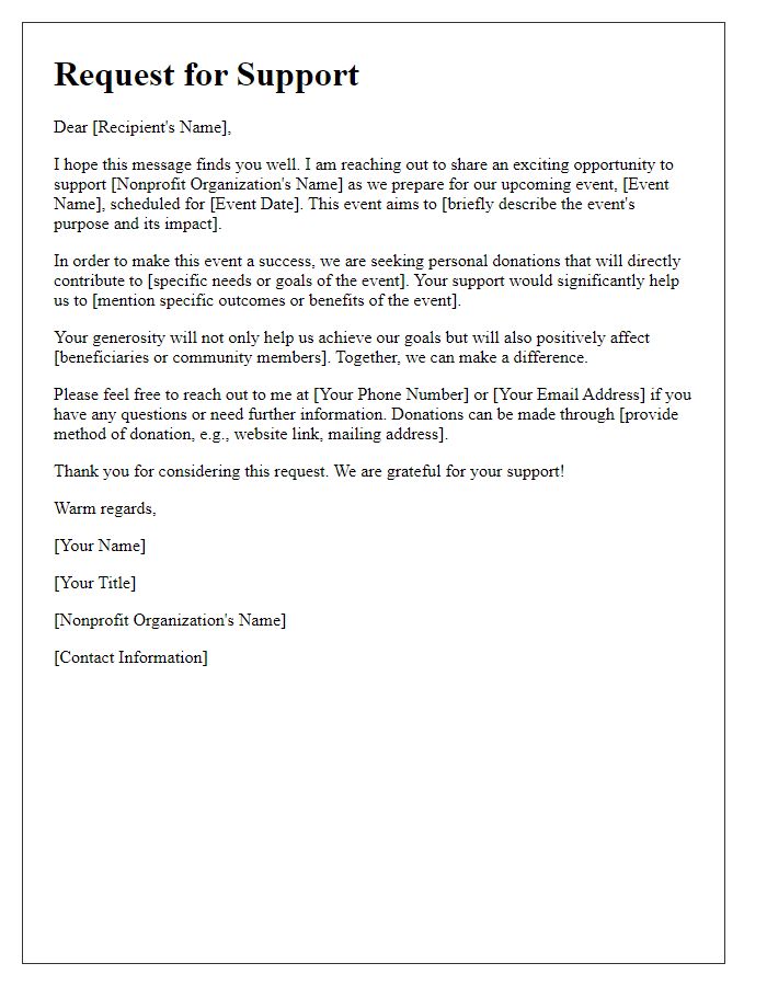 Letter template of request for personal donations to support a nonprofit event.