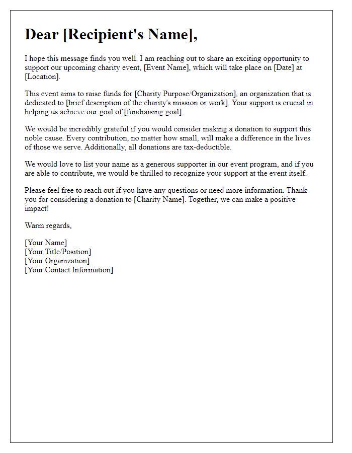 Letter template of support seeking donations for a charity event.