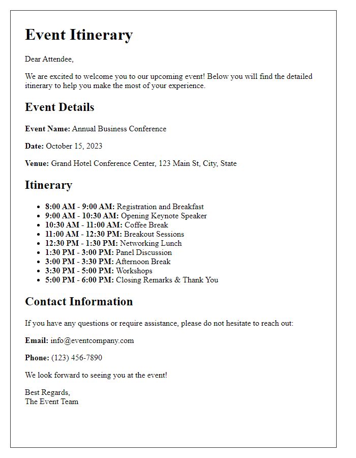 Letter template of event itinerary for attendees distribution