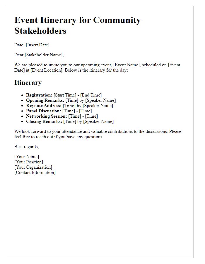 Letter template of event itinerary for community stakeholders