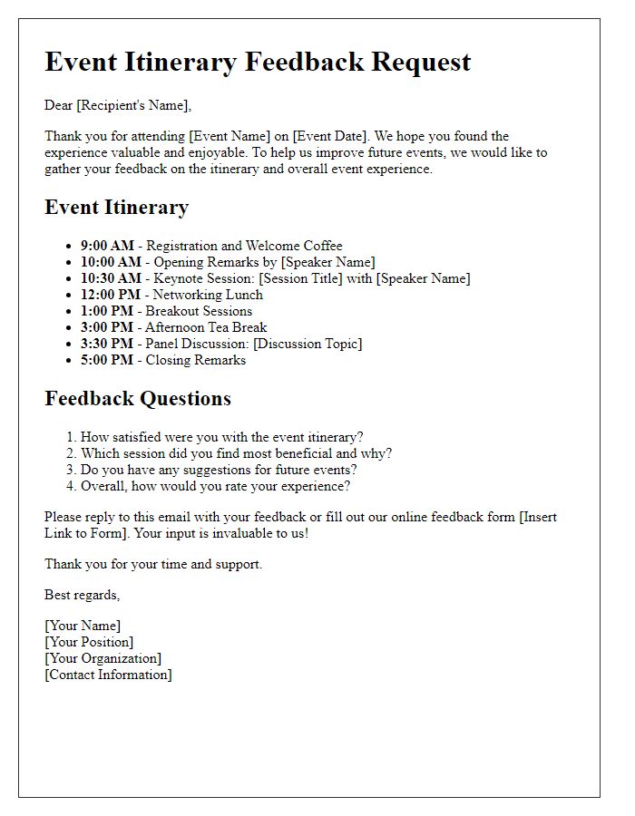 Letter template of event itinerary for feedback collection